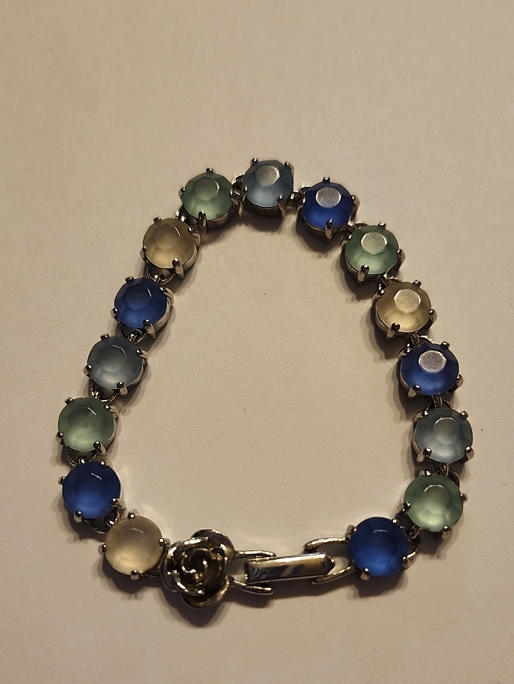 Multi-Color Vintage Silver Tone Tennis Bracelet - Blue, Green, White